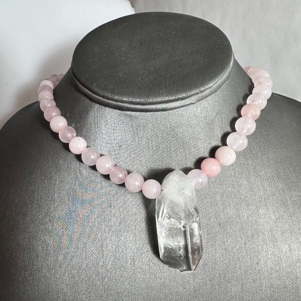 Clear Crystal Quartz Rose Quartz Pendant Necklace Handmade Silver Choker Gift - Picture 3 of 10